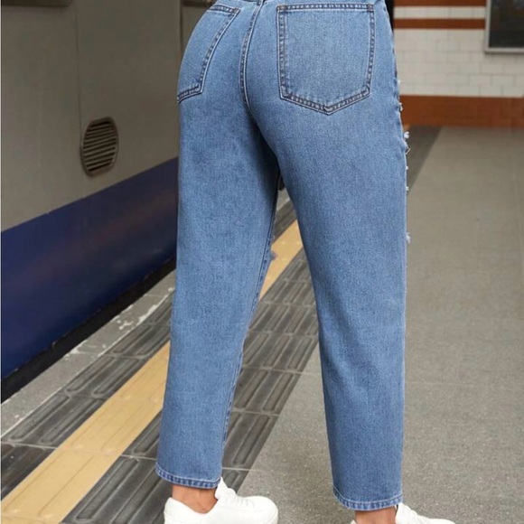 SHEIN High Rise Ripped Blue Jeans - Picture 2 of 4